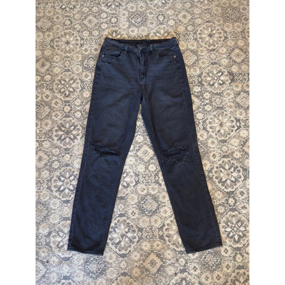 American Eagle Mom Jean Womens 10 X Long Black Distressed High Rise Stretch